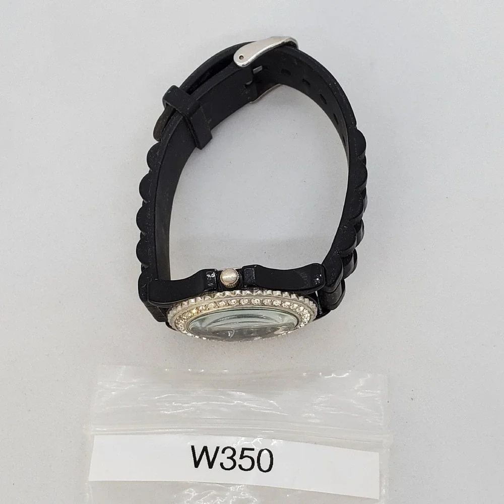 38MM Women Watch Black Dial Crystal Bezel Black Plastic‎ Band Straps New Battery